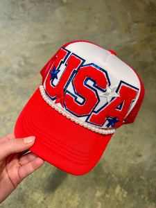 USA Trucker Hat with Stars & Pearls